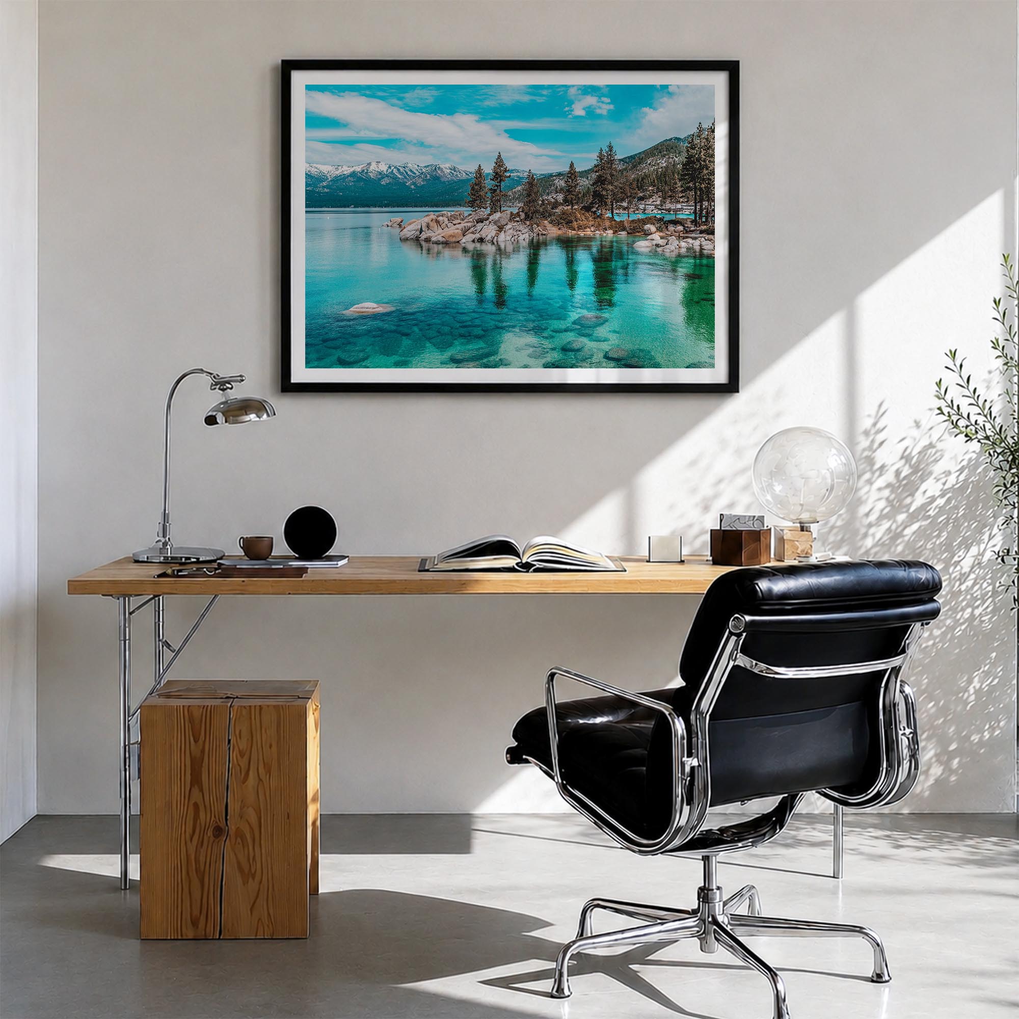 Lake Tahoe colorful photo poster of California & Nevada, USA – horizontal wall art in black wood frame with white border, han