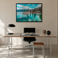 Lake Tahoe colorful photo poster of California & Nevada, USA – horizontal wall art in black wood frame, hanging on wall