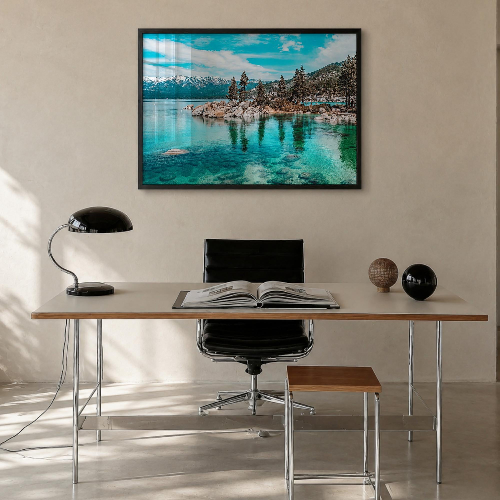 Lake Tahoe colorful photo poster of California & Nevada, USA – horizontal wall art in black wood frame, hanging on wall