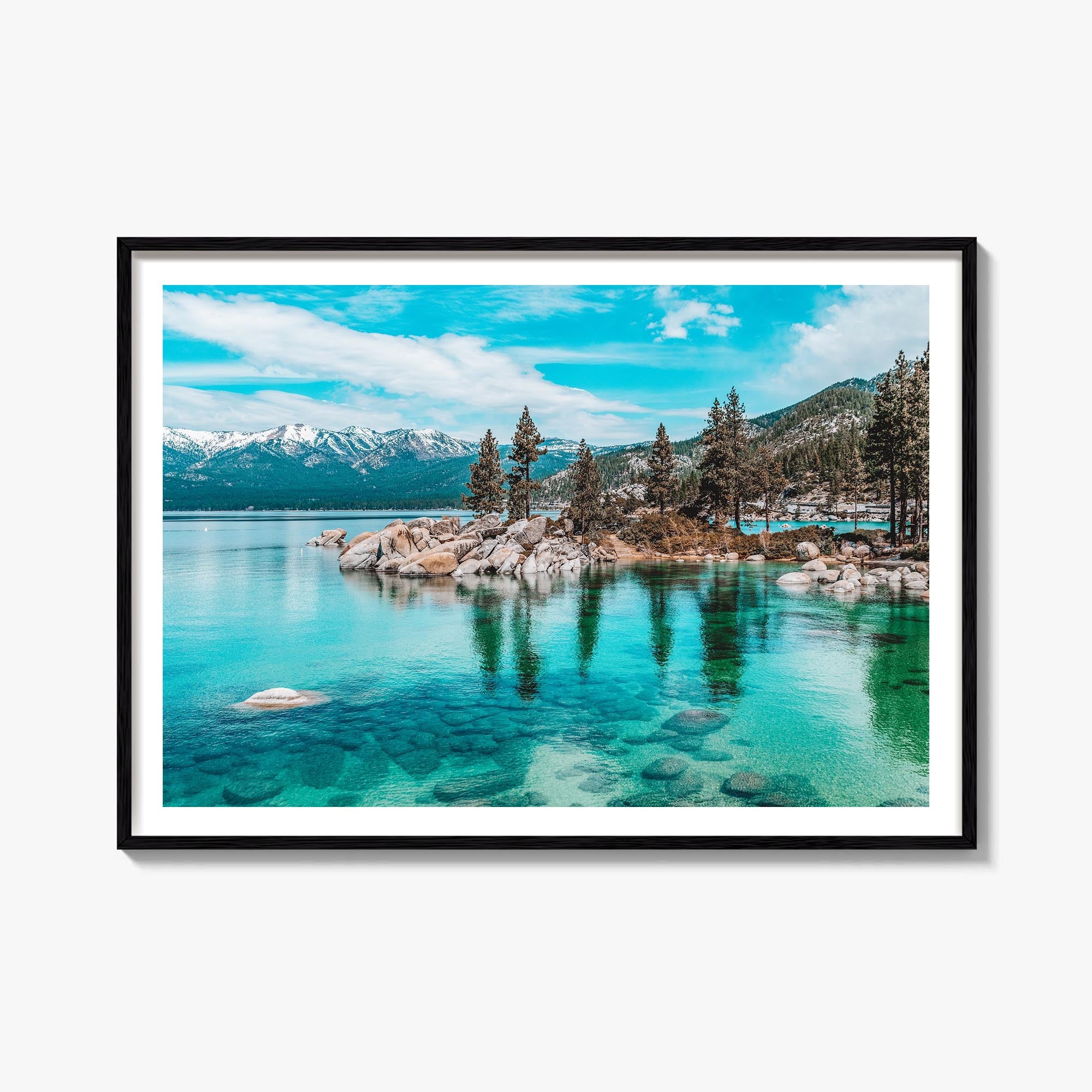 Lake Tahoe colorful photo poster of California & Nevada, USA – horizontal wall art, unframed print shown in interior mockup