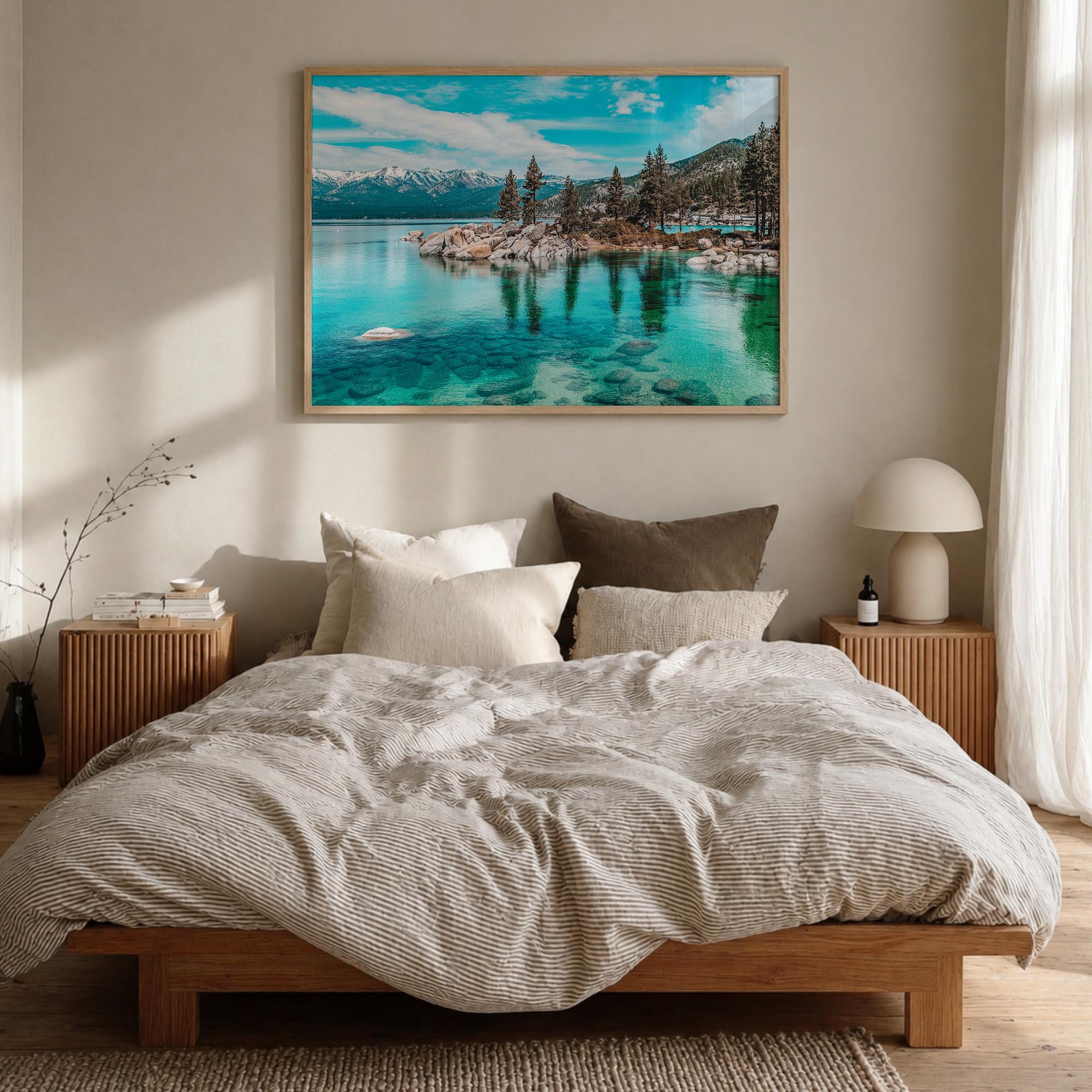 Lake Tahoe colorful photo poster of California & Nevada, USA – horizontal wall art in natural wood frame, hanging on wall