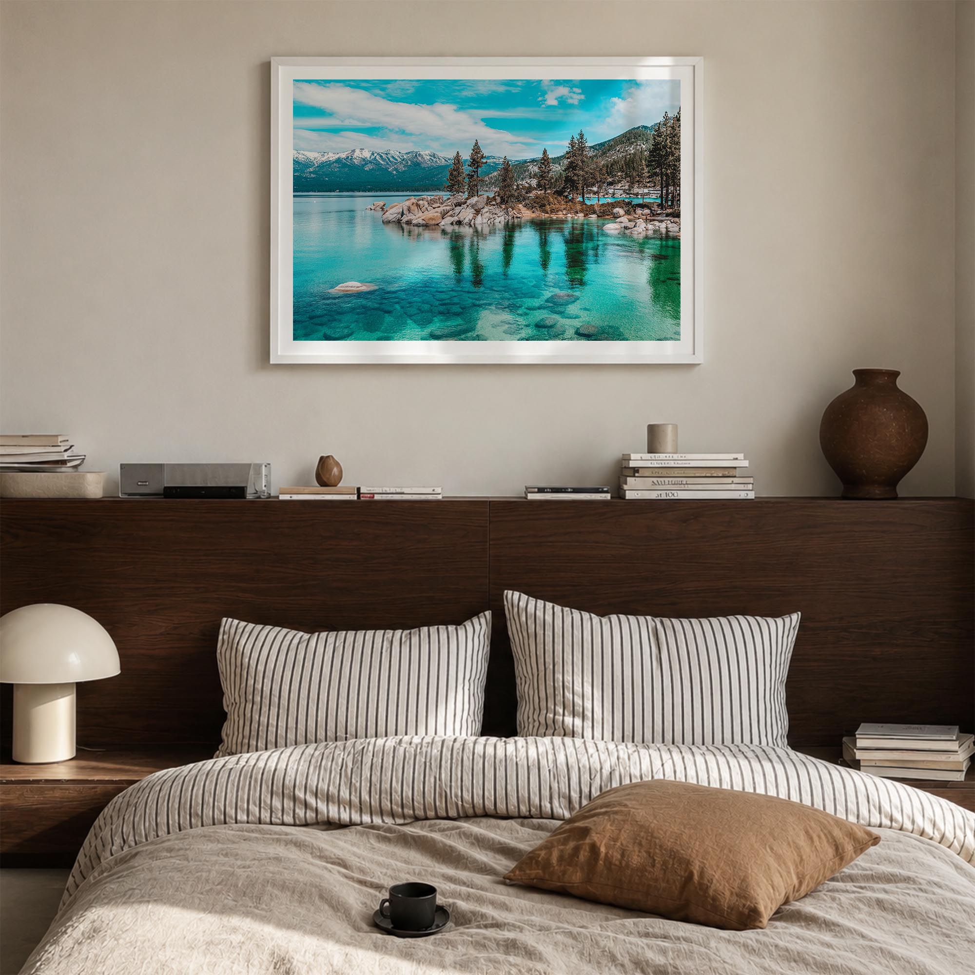 Lake Tahoe colorful photo poster of California & Nevada, USA – horizontal wall art in white wood frame with white border, han