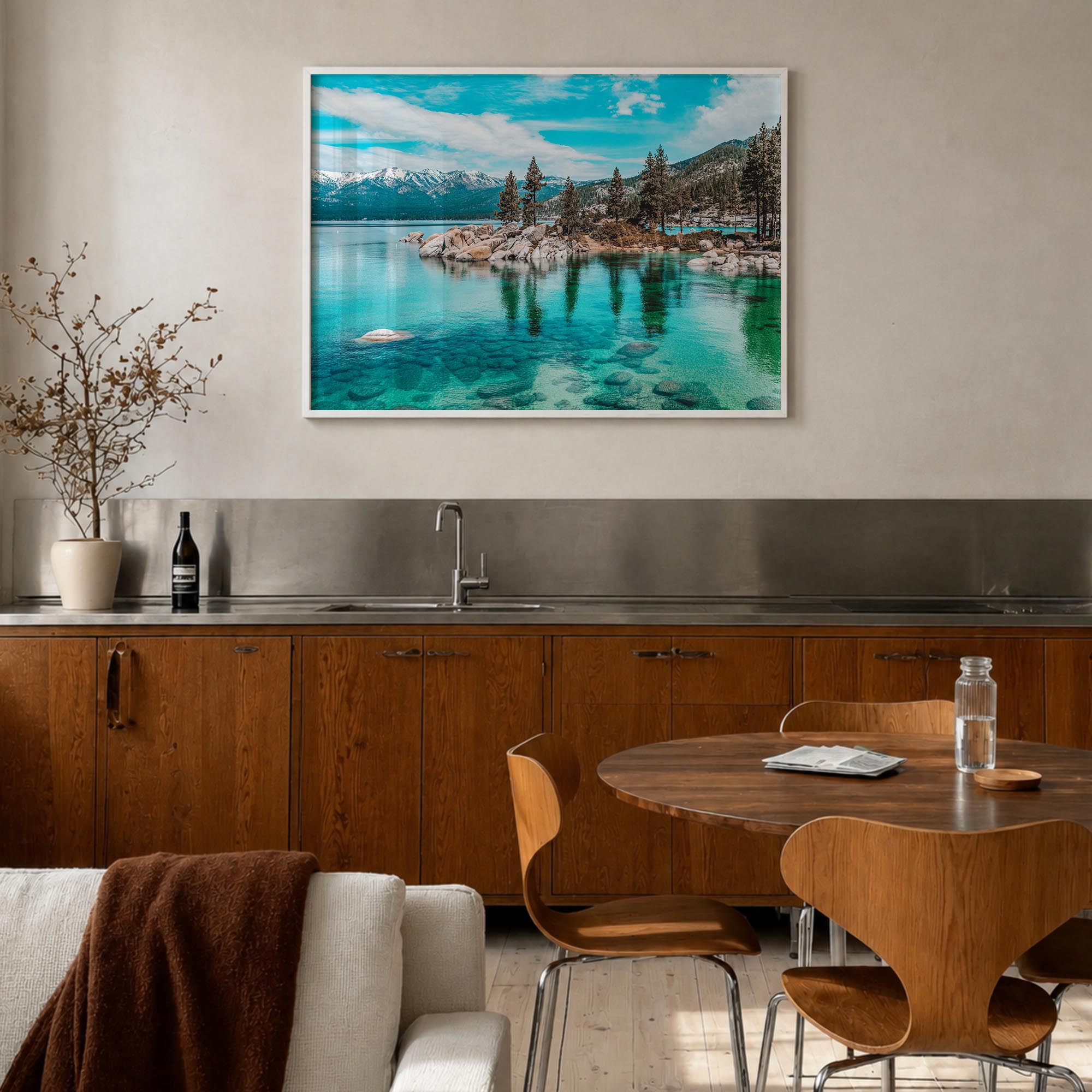 Lake Tahoe colorful photo poster of California & Nevada, USA – horizontal wall art in white wood frame, hanging on wall