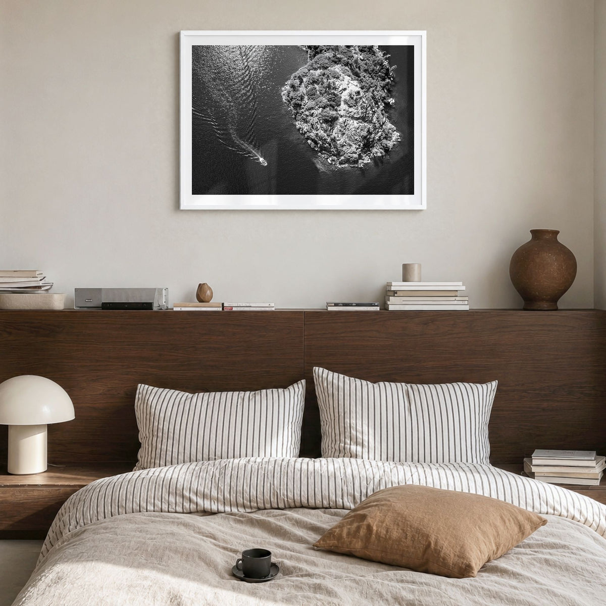 Lake Tahoe Photo Poster in a white wood frame, hanging in a bedroom, white border
