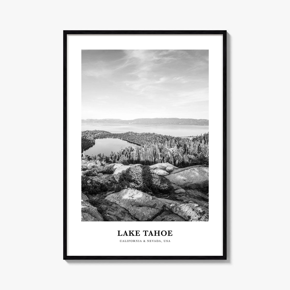 Lake Tahoe no. 1 black & white classic poster of California & Nevada, USA – vertical wall art, unframed print shown in interi
