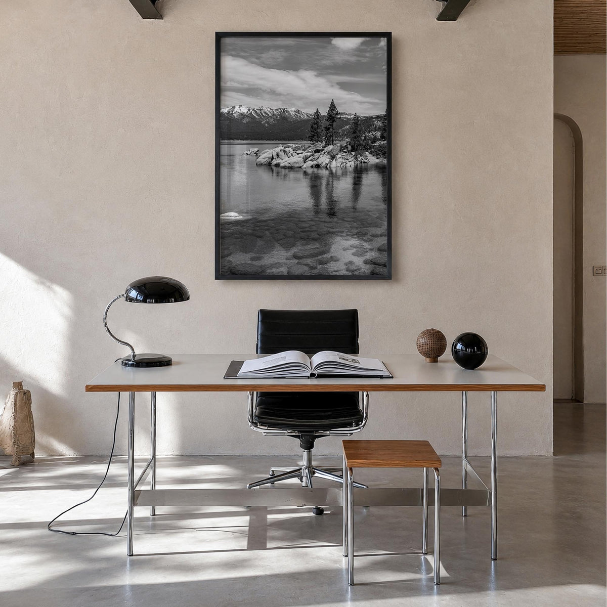 Lake Tahoe no. 1 black & white photo poster of California & Nevada, USA – vertical wall art in black wood frame, hanging on w