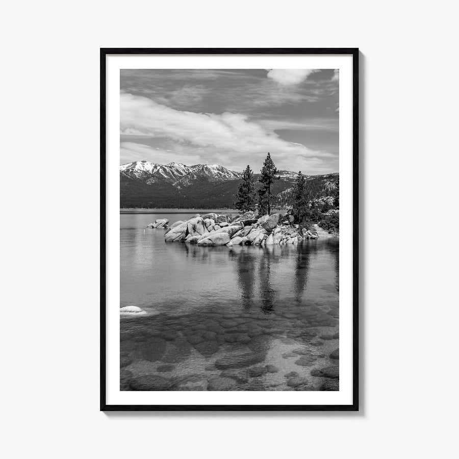 Lake Tahoe no. 1 black & white photo poster of California & Nevada, USA – vertical wall art, unframed print shown in interior
