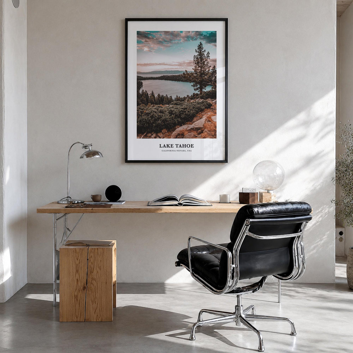 Lake Tahoe no. 1 colorful classic poster of California & Nevada, USA – vertical wall art in black wood frame, hanging on wall