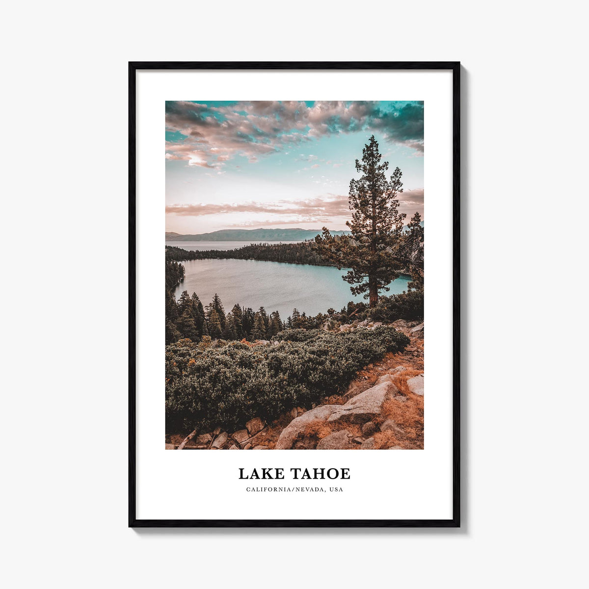 Lake Tahoe no. 1 colorful classic poster of California & Nevada, USA – vertical wall art, unframed print shown in interior mo