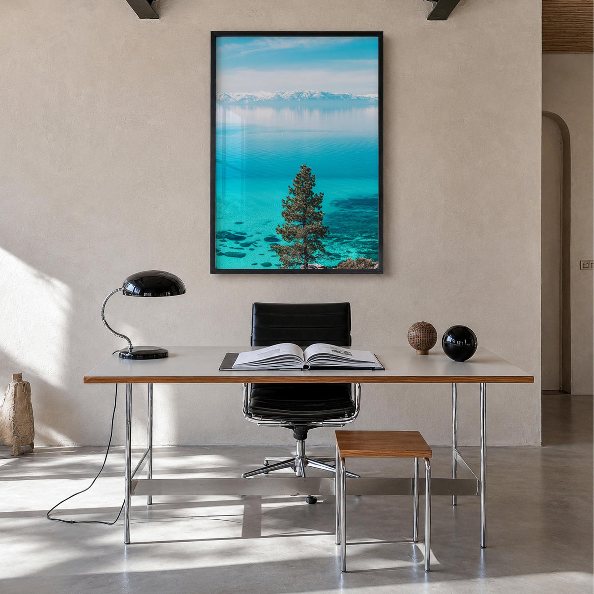 Lake Tahoe no. 1 colorful photo poster of California & Nevada, USA – vertical wall art in black wood frame, hanging on wall