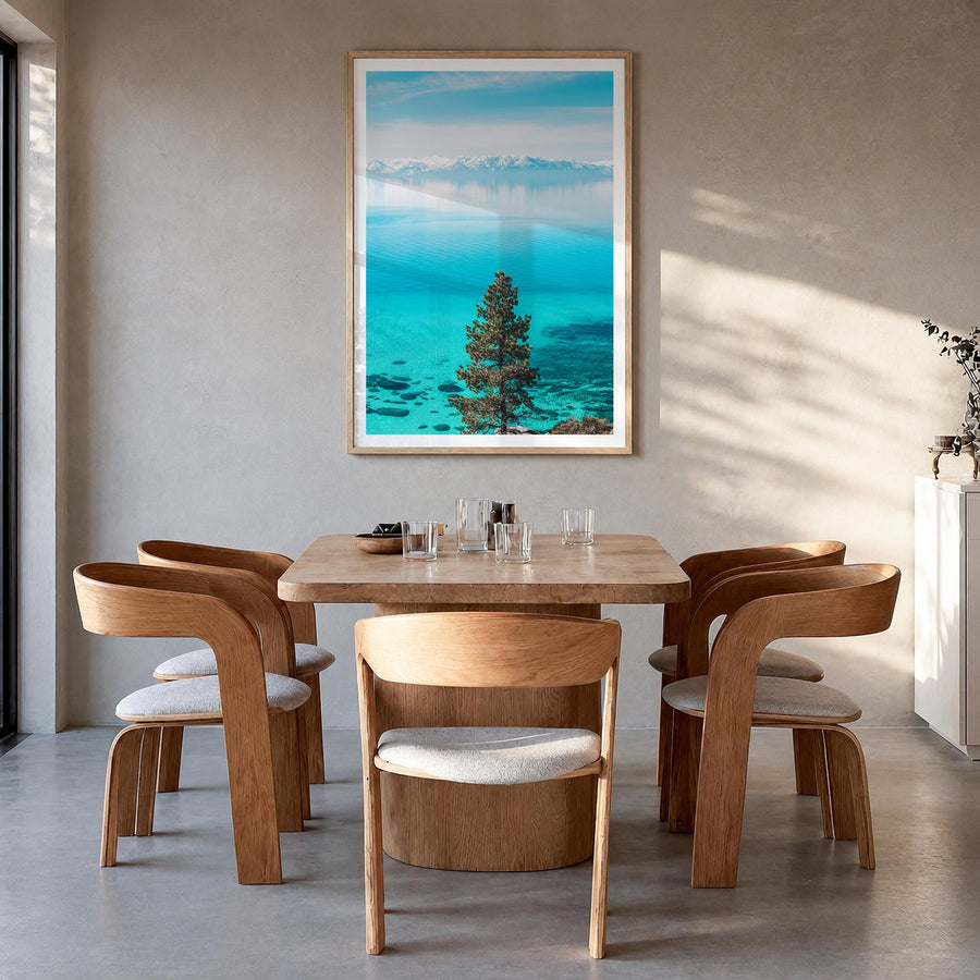 Lake Tahoe no. 1 colorful photo poster of California & Nevada, USA – vertical wall art in natural wood frame with white borde