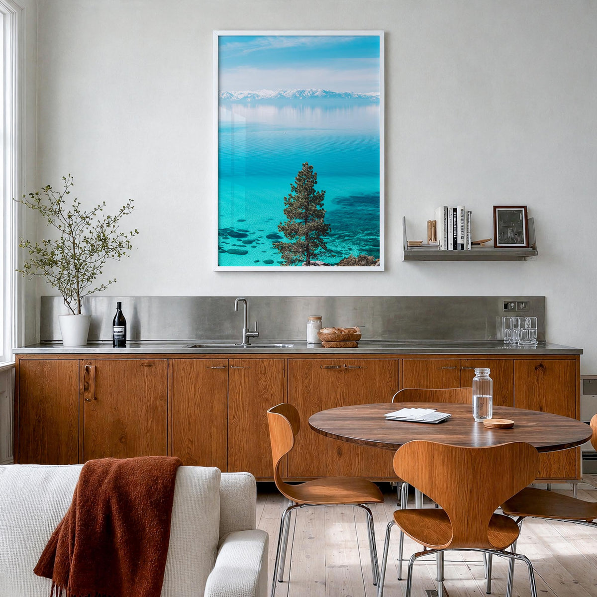 Lake Tahoe no. 1 colorful photo poster of California & Nevada, USA – vertical wall art in white wood frame, hanging on wall