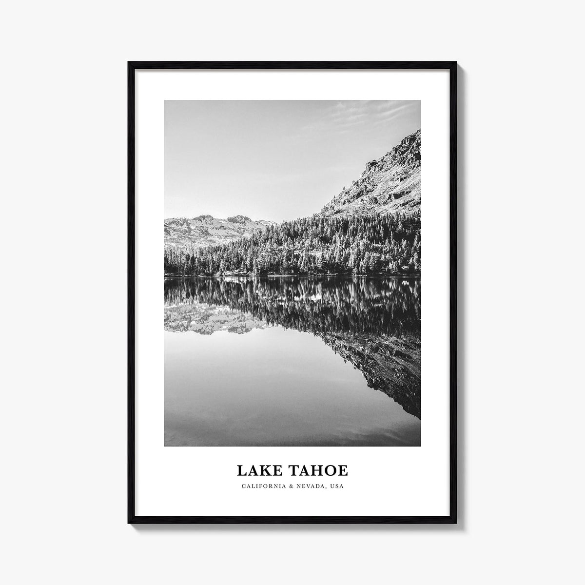 Lake Tahoe no. 2 black & white classic poster of California & Nevada, USA – vertical wall art, unframed print shown in interi