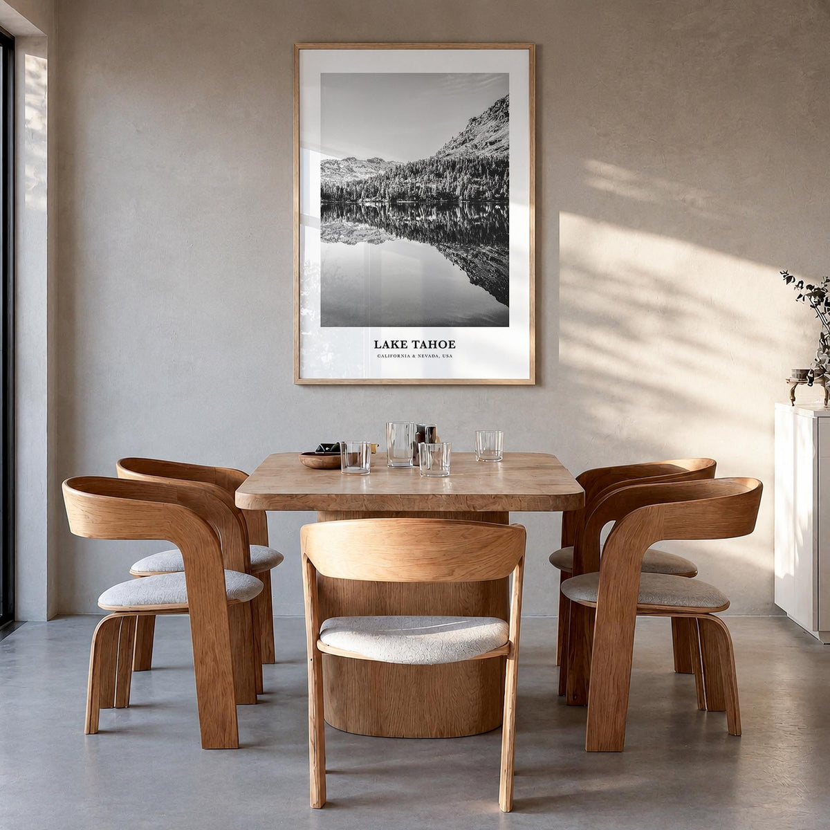 Lake Tahoe no. 2 black & white classic poster of California & Nevada, USA – vertical wall art in natural wood frame, hanging 