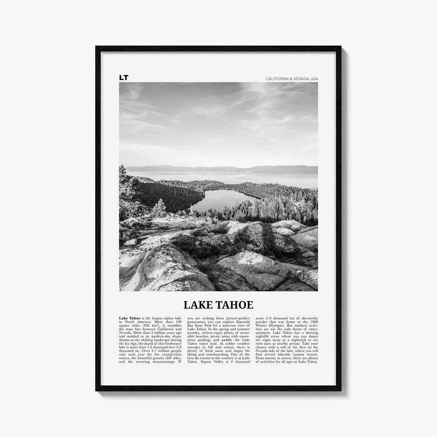 Lake Tahoe no. 2 black & white newspaper poster of California & Nevada, USA – vertical wall art, unframed print shown in inte
