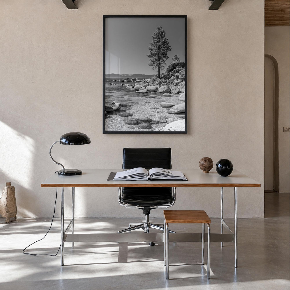 Lake Tahoe no. 2 black & white photo poster of California & Nevada, USA – vertical wall art in black wood frame, hanging on w