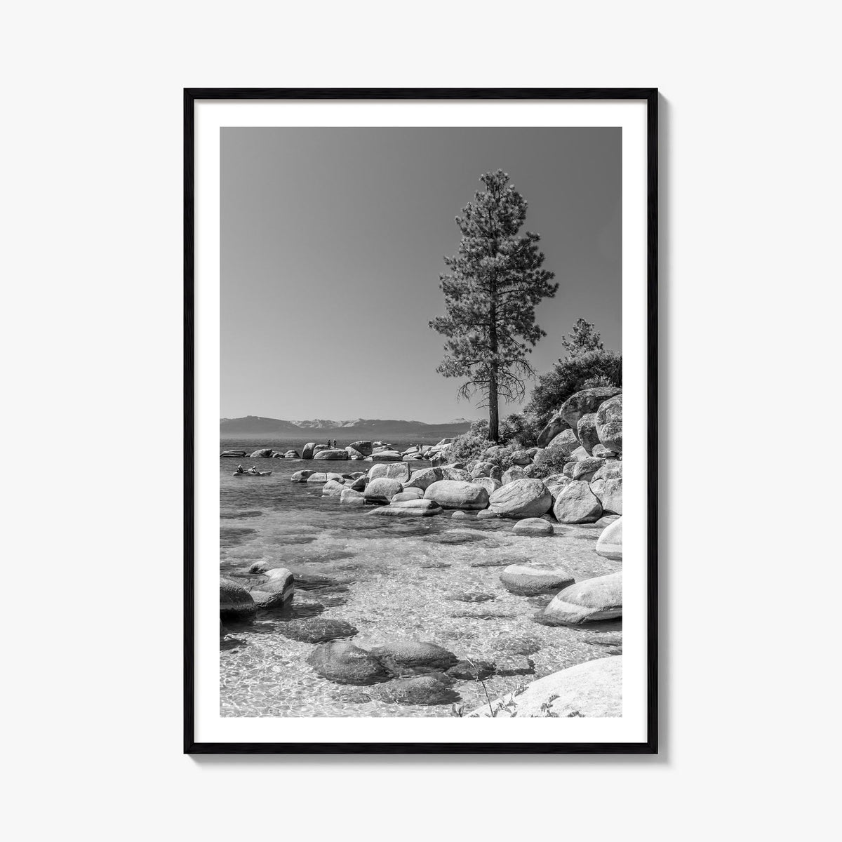 Lake Tahoe no. 2 black & white photo poster of California & Nevada, USA – vertical wall art, unframed print shown in interior