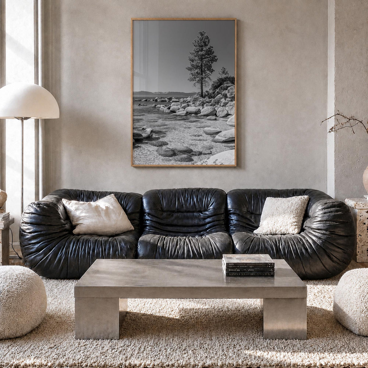 Lake Tahoe no. 2 black & white photo poster of California & Nevada, USA – vertical wall art in natural wood frame, hanging on