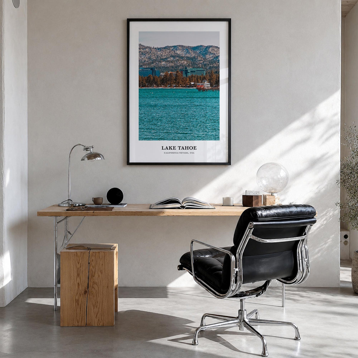 Lake Tahoe no. 2 colorful classic poster of California & Nevada, USA – vertical wall art in black wood frame, hanging on wall