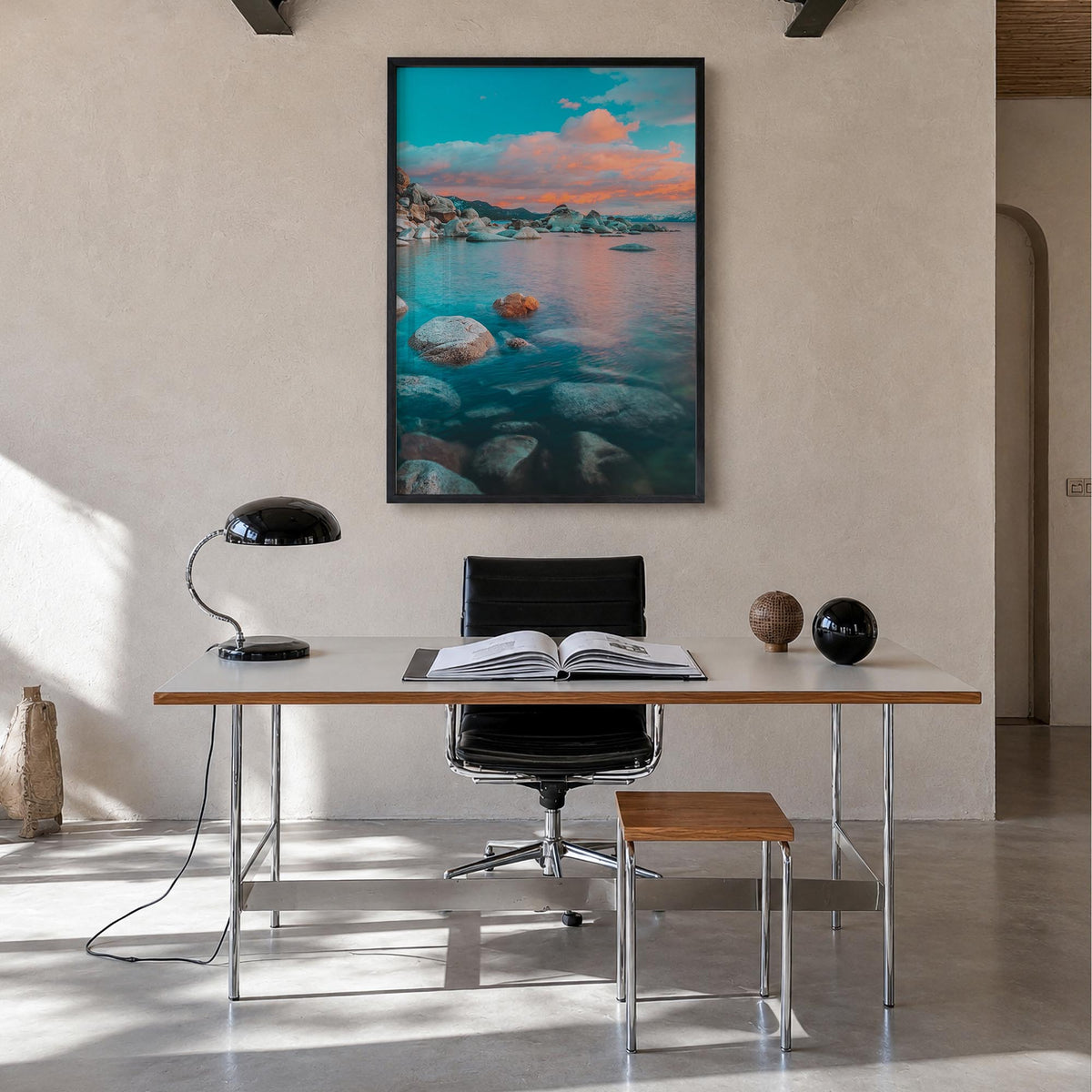 Lake Tahoe no. 2 colorful photo poster of California & Nevada, USA – vertical wall art in black wood frame, hanging on wall