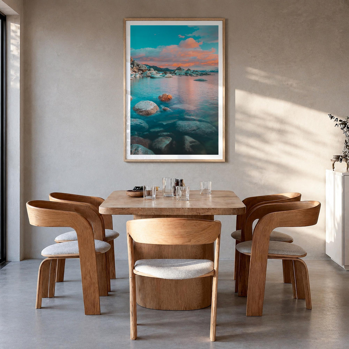 Lake Tahoe no. 2 colorful photo poster of California & Nevada, USA – vertical wall art in natural wood frame with white borde