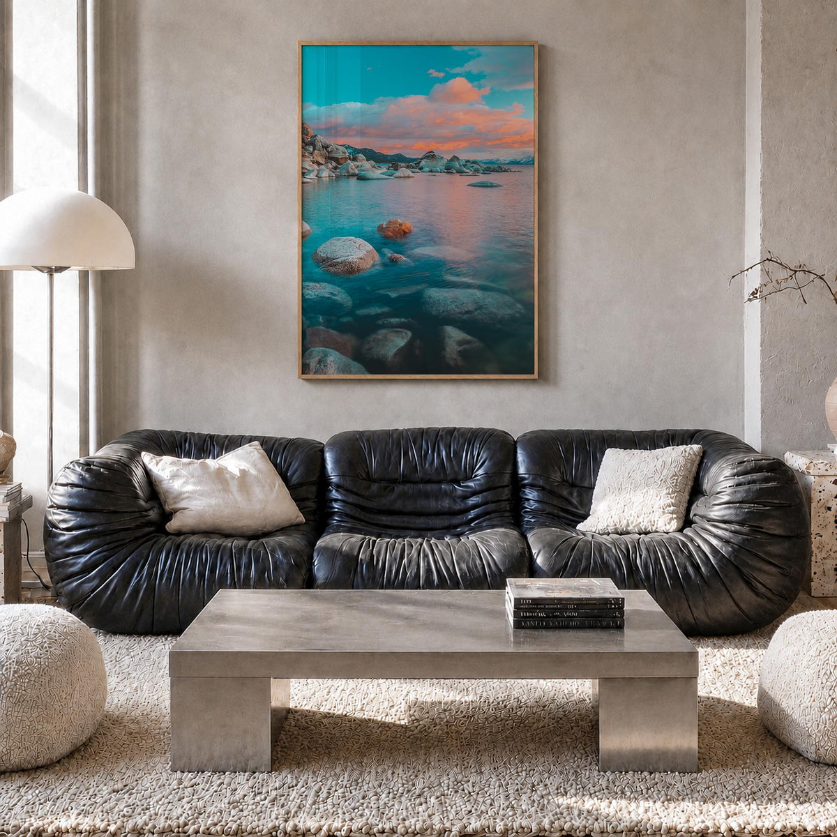Lake Tahoe no. 2 colorful photo poster of California & Nevada, USA – vertical wall art in natural wood frame, hanging on wall