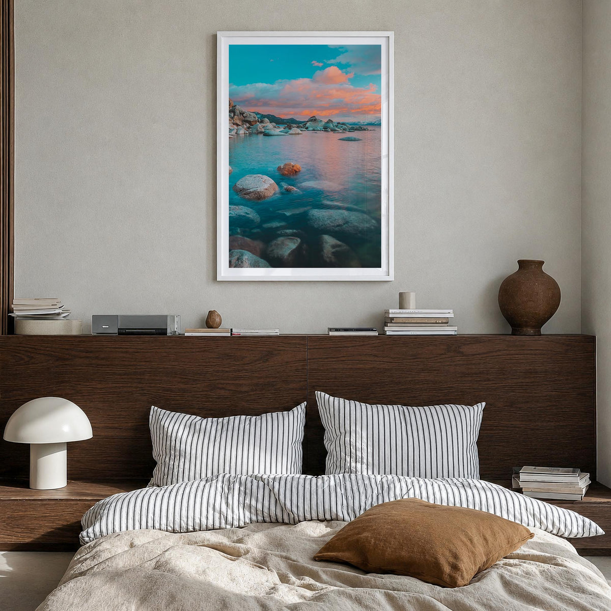 Lake Tahoe no. 2 colorful photo poster of California & Nevada, USA – vertical wall art in white wood frame with white border,