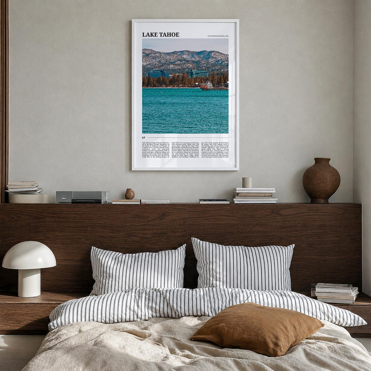 Lake Tahoe no. 2 colorful travel poster of California & Nevada, USA – vertical wall art in white wood frame, hanging on wall