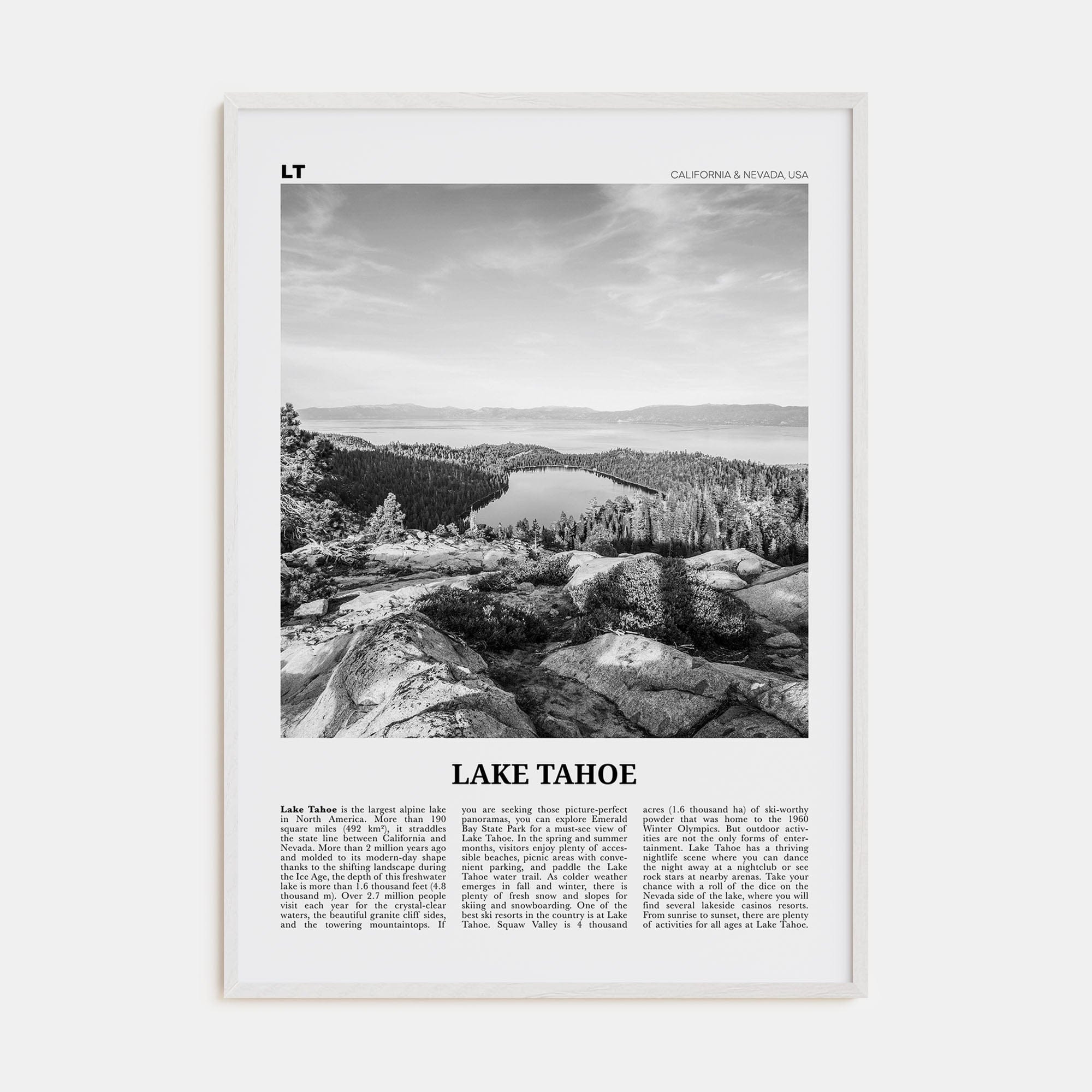 Lake Tahoe No 2 Poster White Wood / 8x12 in Nbourhood Travel B&W Poster