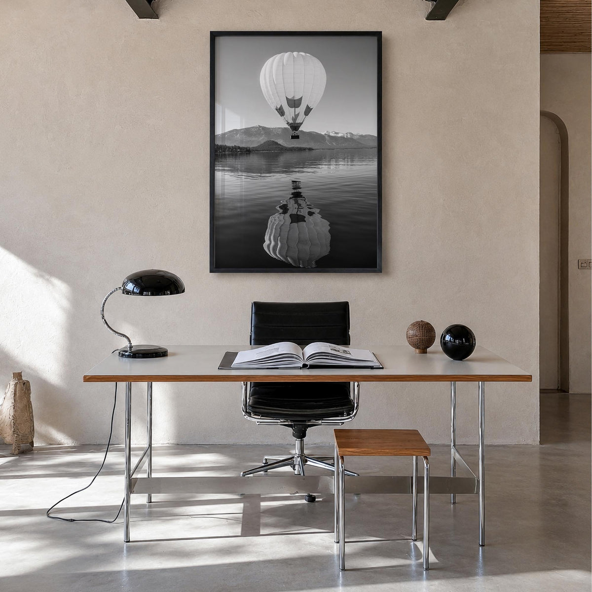 Lake Tahoe no. 3 black & white photo poster of California & Nevada, USA – vertical wall art in black wood frame, hanging on w