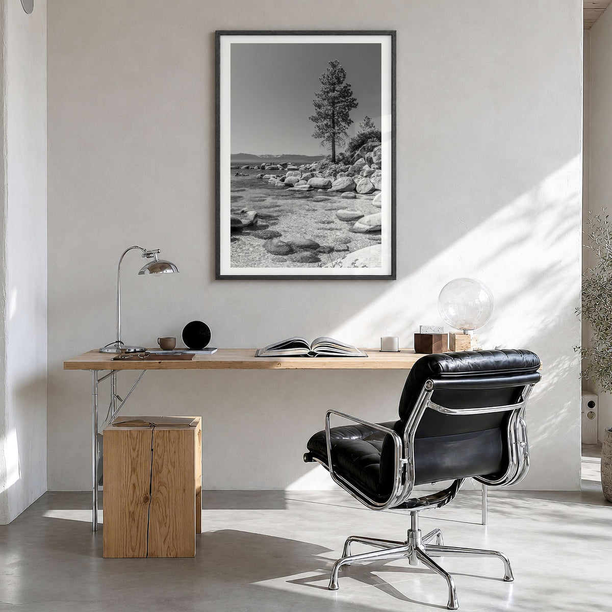 Lake Tahoe Photo No 2 Poster in a black wood frame, hanging in a bright home office, white border