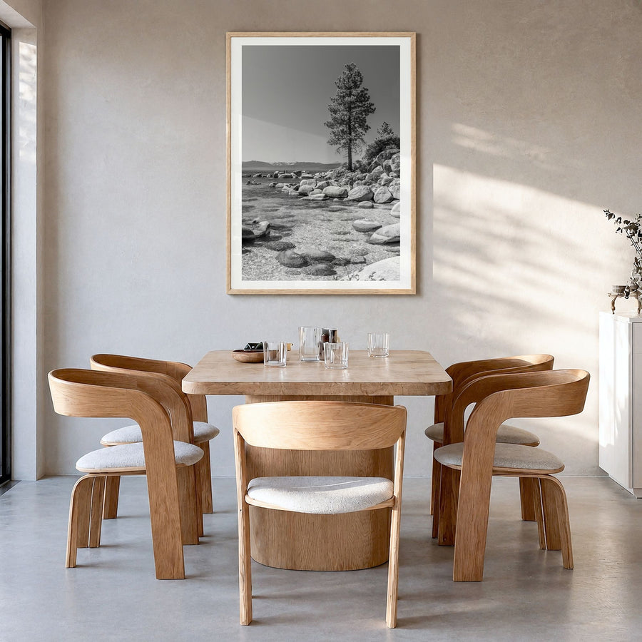 Lake Tahoe Photo No 2 Poster in a natural wood frame, hanging in a dining room, white border