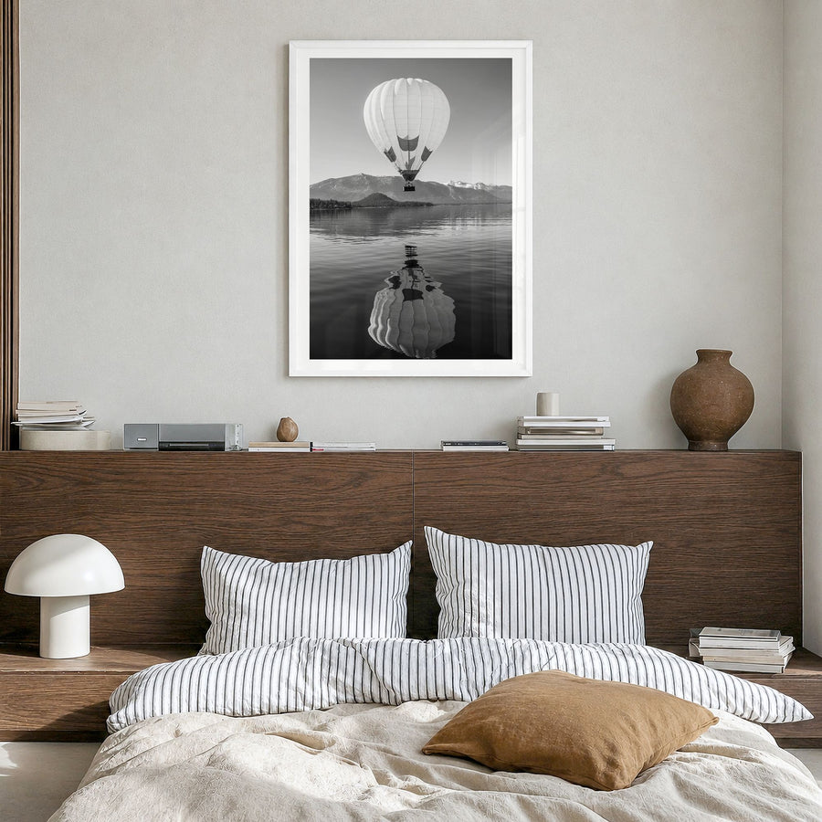 Lake Tahoe Photo No 3 Poster in a white wood frame, hanging in a bedroom, white border