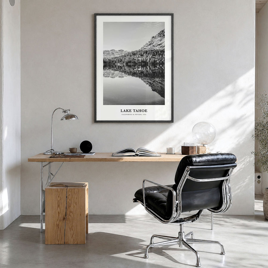 Lake Tahoe Classic No 2 Poster in a black wood frame, hanging in a bright home office