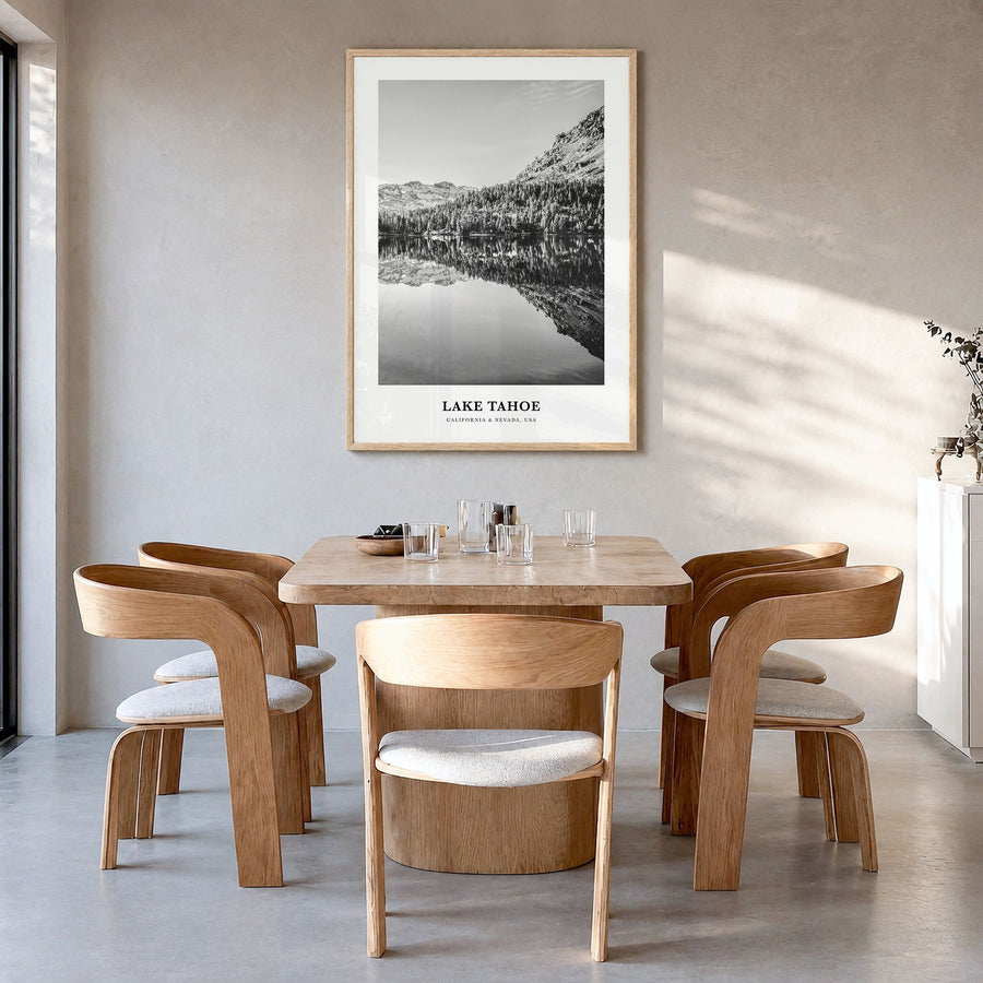 Lake Tahoe Classic No 2 Poster in a natural wood frame, hanging in a dining room