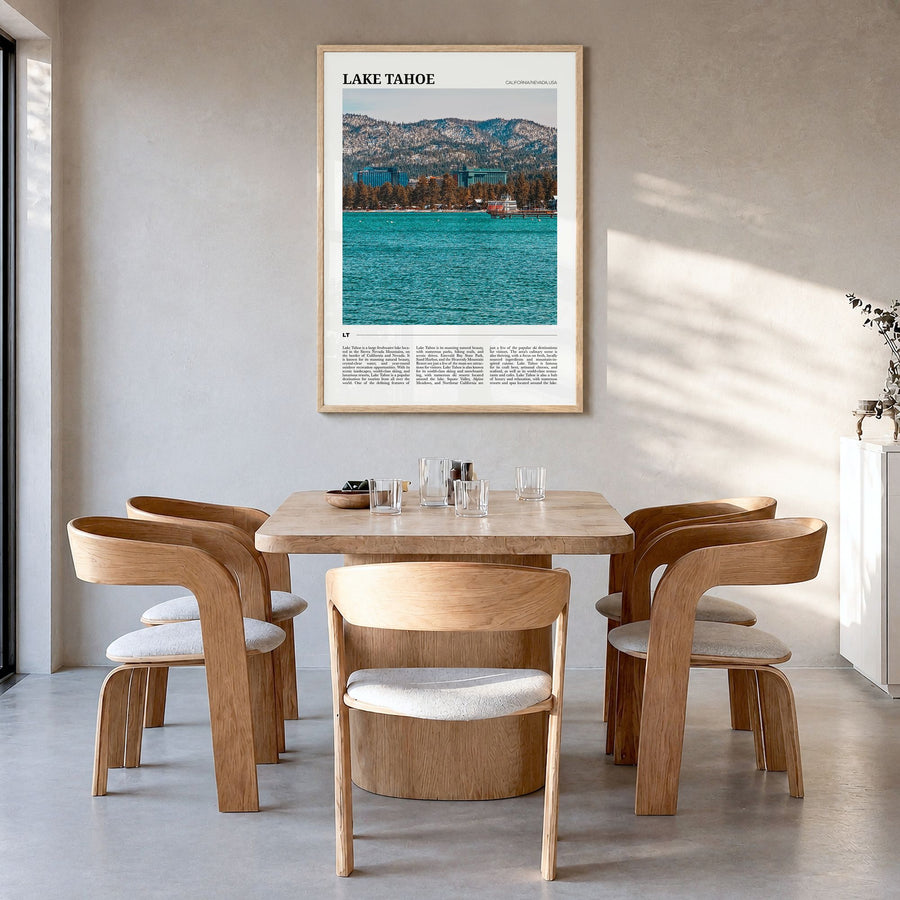 Lake Tahoe Travel No 2 Poster in a natural wood frame, hanging in a dining room