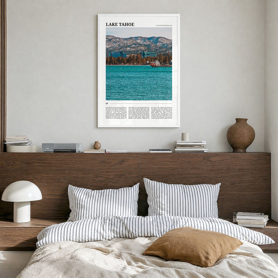 Lake Tahoe Travel No 2 Poster in a white wood frame, hanging in a bedroom