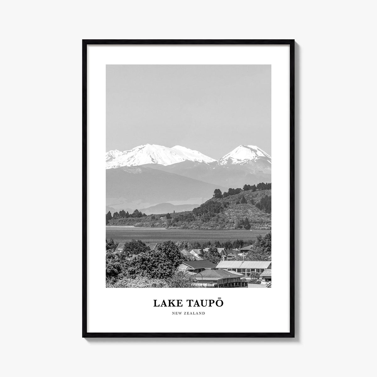 Lake Taupō black & white classic poster of New Zealand – vertical wall art, unframed print shown in interior mockup