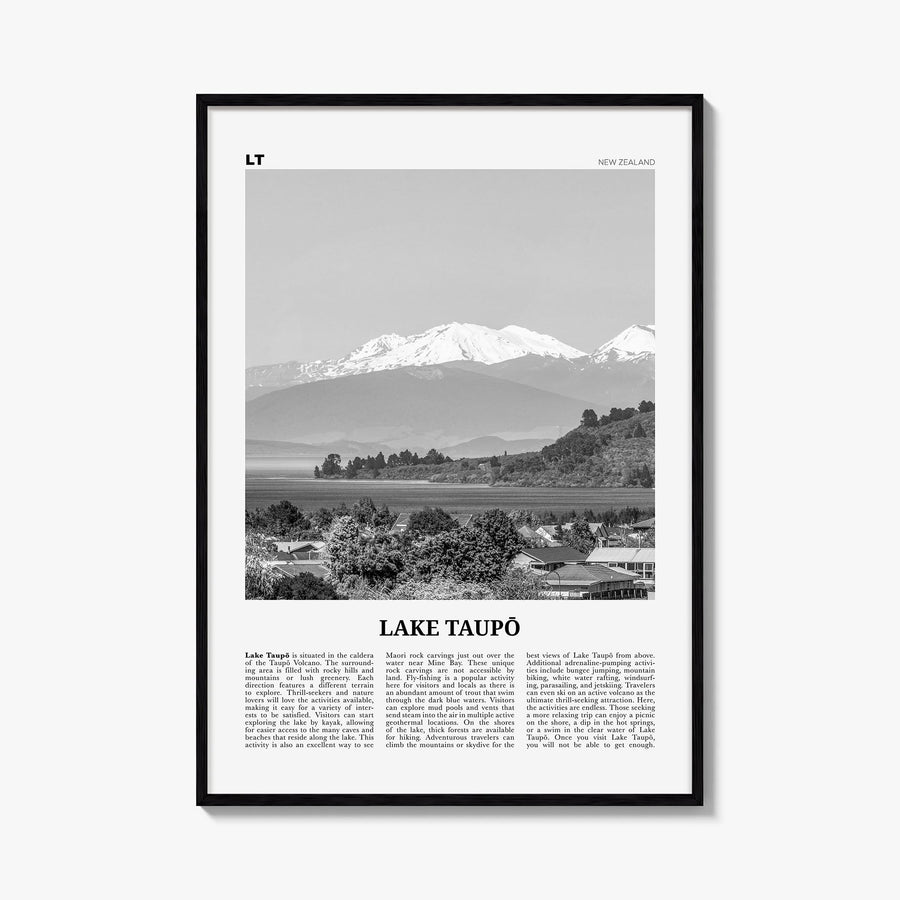 Lake Taupō black & white newspaper poster of New Zealand – vertical wall art, unframed print shown in interior mockup