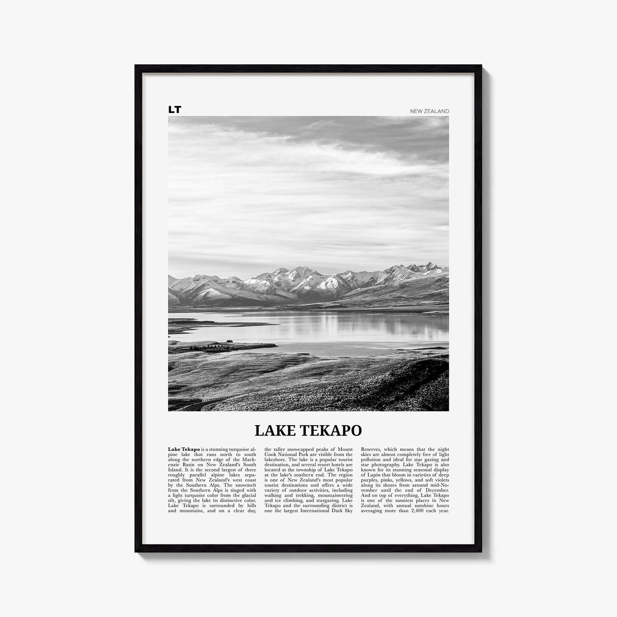 Lake Tekapo black & white newspaper poster of New Zealand – vertical wall art, unframed print shown in interior mockup