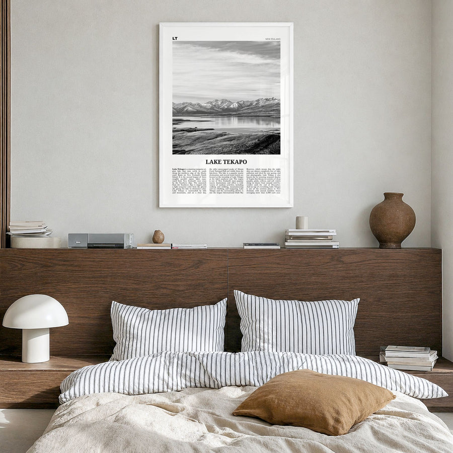Lake Tekapo Newspaper Poster in a white wood frame, hanging in a bedroom