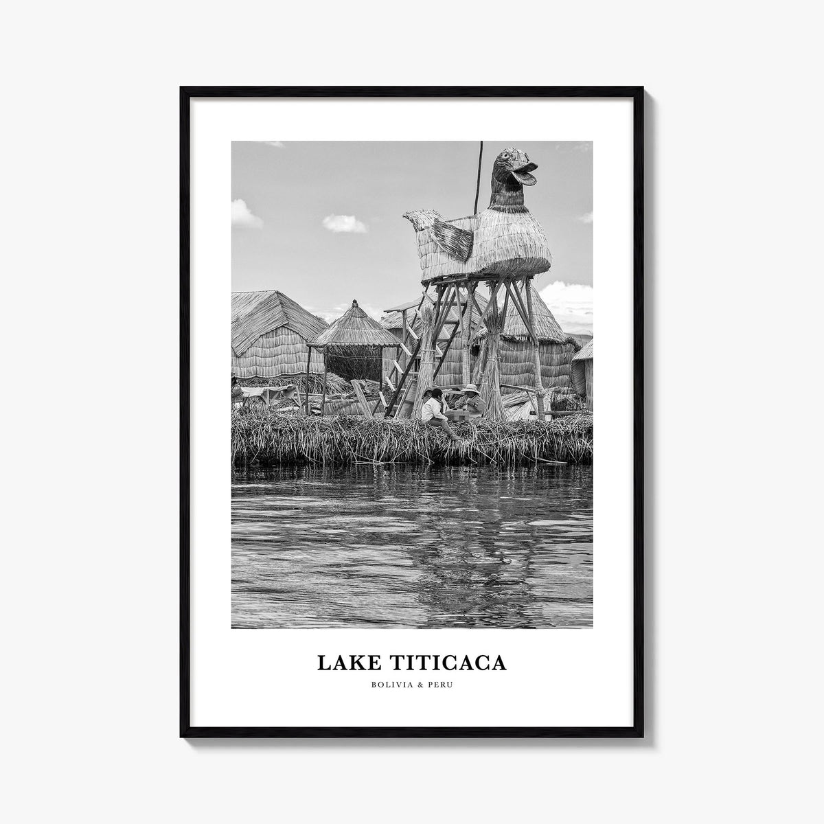 Lake Titicaca black & white classic poster of South America – vertical wall art, unframed print shown in interior mockup