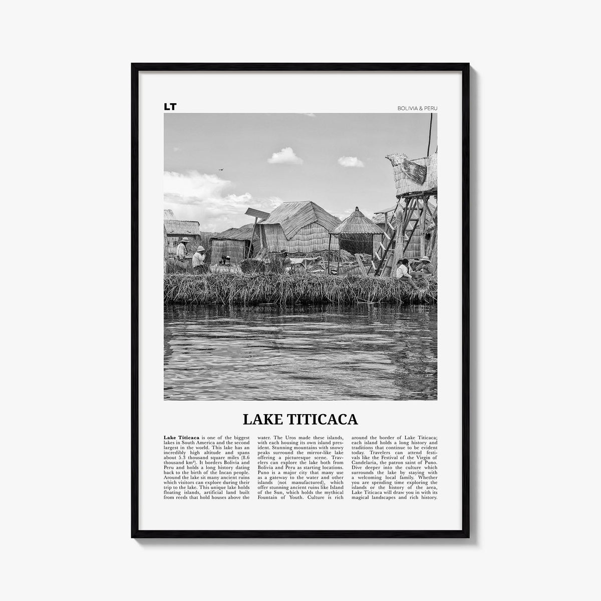 Lake Titicaca black & white newspaper poster of South America – vertical wall art, unframed print shown in interior mockup
