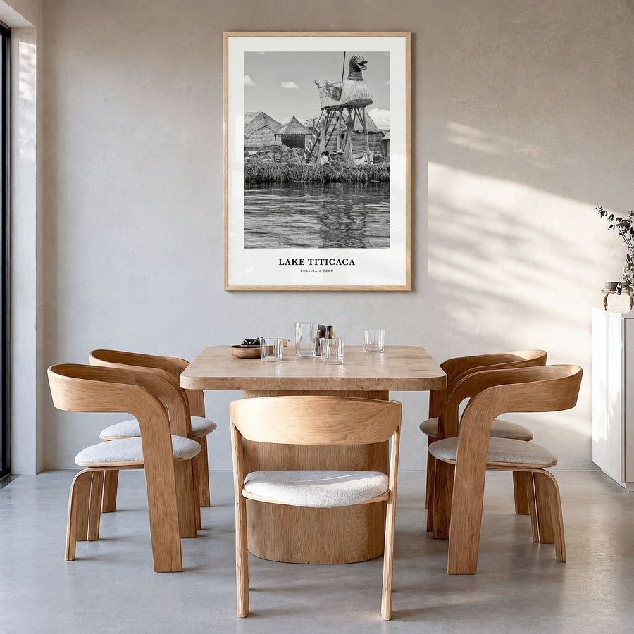 Lake Titicaca Classic Poster in a natural wood frame, hanging in a dining room
