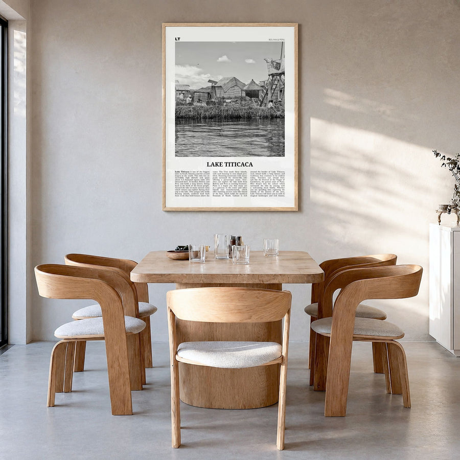 Lake Titicaca Newspaper Poster in a natural wood frame, hanging in a dining room