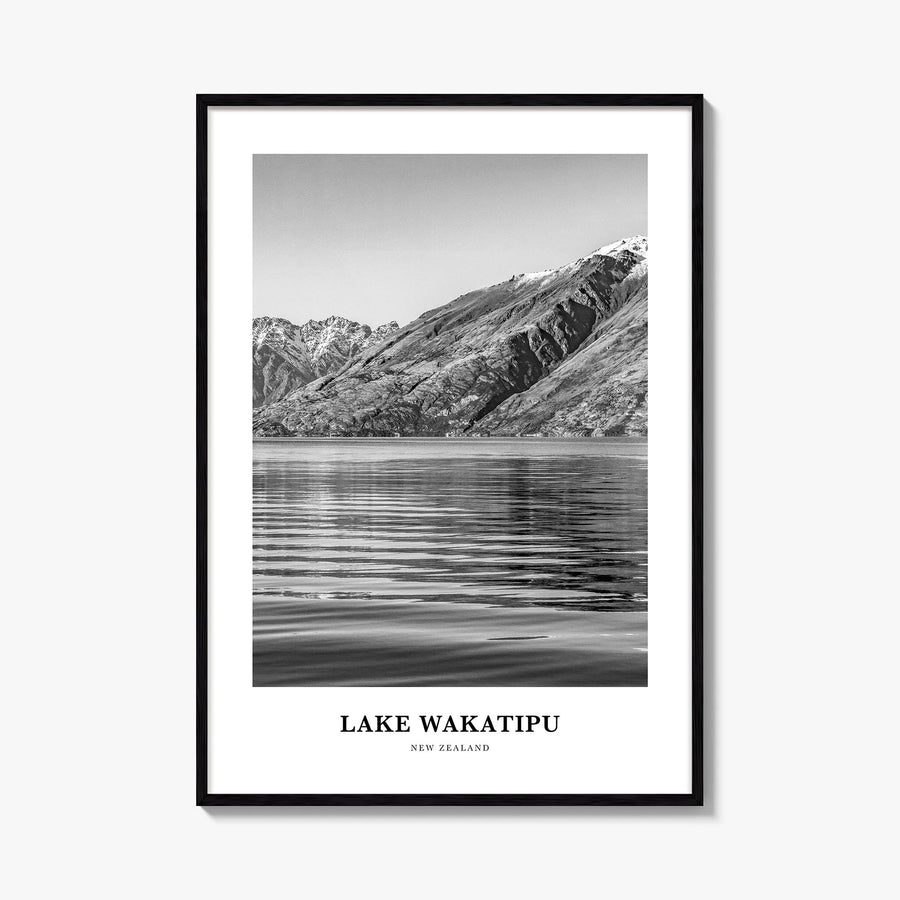 Lake Wakatipu black & white classic poster of New Zealand – vertical wall art, unframed print shown in interior mockup