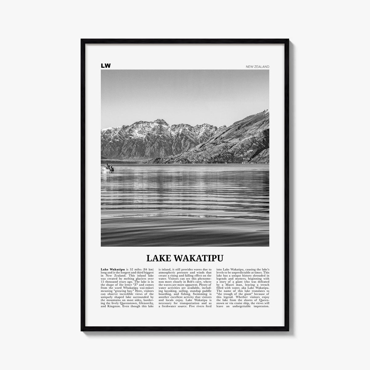 Lake Wakatipu black & white newspaper poster of New Zealand – vertical wall art, unframed print shown in interior mockup