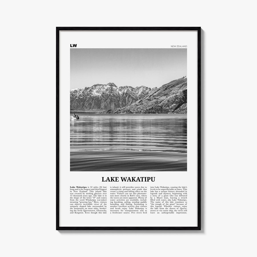 Lake Wakatipu black & white newspaper poster of New Zealand – vertical wall art, unframed print shown in interior mockup