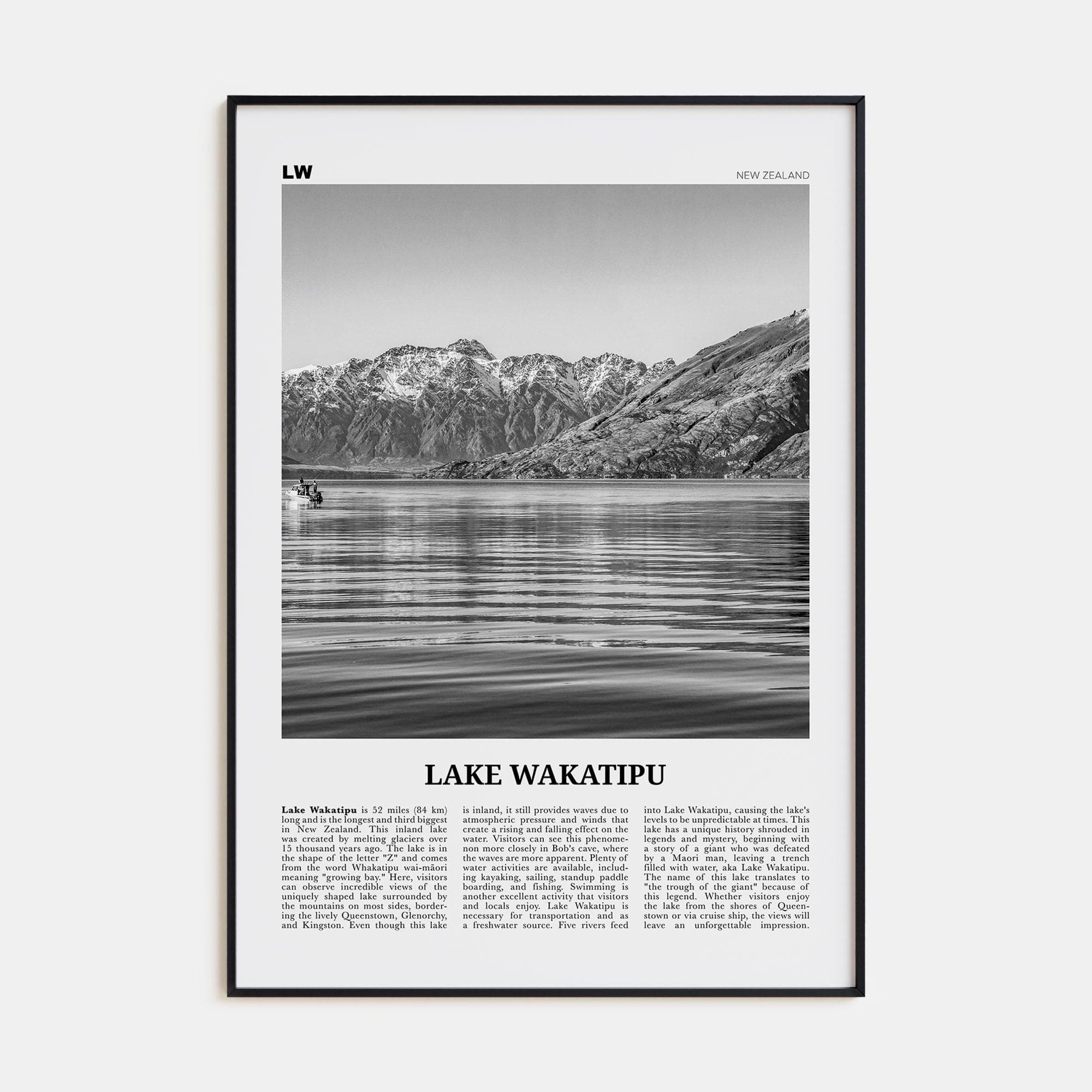 Lake Wakatipu Poster Black Metal / 8x12 in Nbourhood Travel B&W Poster