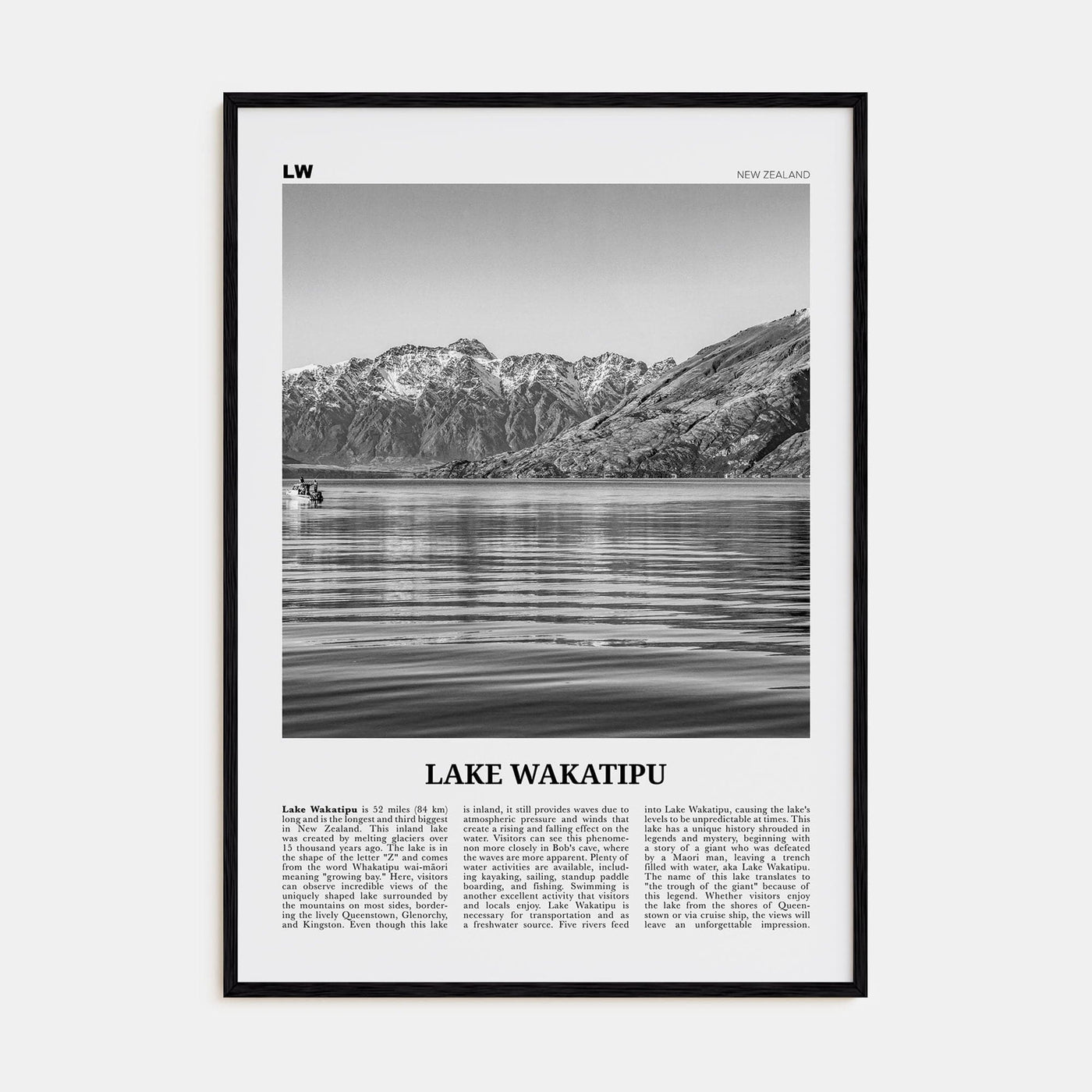 Lake Wakatipu Poster Black Wood / 8x12 in Nbourhood Travel B&W Poster